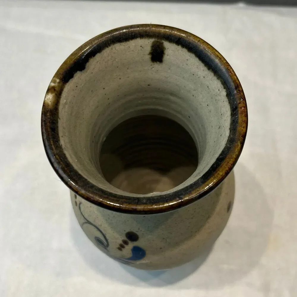 Tonala Pottery Vase Mexico Bird Flowers Folk Art Handmade Sandstone Beige Brown